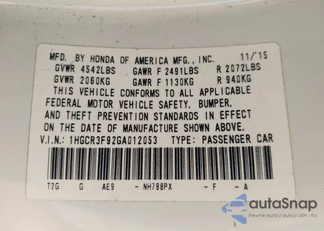 2016 Honda Accord Touring z USA, uszkodzony, nr VIN 1HGCR3F92GA012053